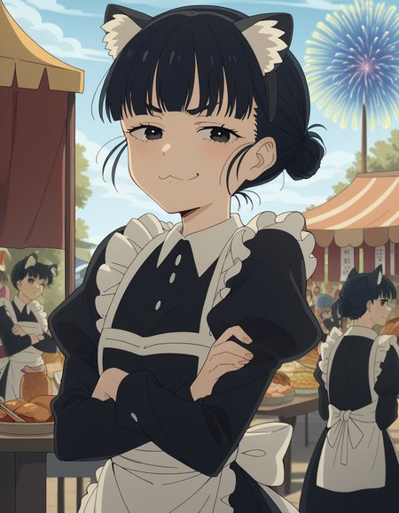 score_9, score_8_up, score_7_up, source_anime, <lora:tiara-basori-s1-ponyxl-lora-nochekaiser:1>, tiara basori, bangs, black hair, hair bun, black eyes, single hair bun,, skirt, long sleeves, animal ears, puffy sleeves, cat ears, apron, black dress, maid, fake animal ears, juliet sleeves, maid apron, festival, fireworks, summer night, food stall, traditional, arms up,, , looking at viewer, crossed arms, smug, solo,, cowboy shot, dutch angle