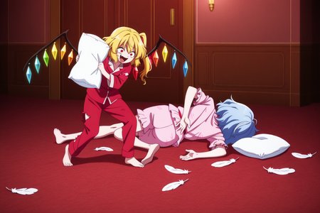 masterpiece,best quality, vivid colors, <lora:anime_screencap-IL v-pred:1>, anime screencap, anime coloring, 2girls, mansion bedroom, white feathers in the air, torn pillows on floor, pillow fight, medium long shot BREAK flandre_scarlet, touhou, 1girl, blonde_hair, red_eyes, red pajamas, crazy eyes, holding pillow, laughing, standing behind other person, looking at other person BREAK  <lora:meme_familyguydeathpose_illustriousXL:1.5>, full body, from behind, lying, on side, facing away, arms behind back, knee up, remilia_scarlet, touhou, 1girl, blue_hair, pink pajamas, on floor,