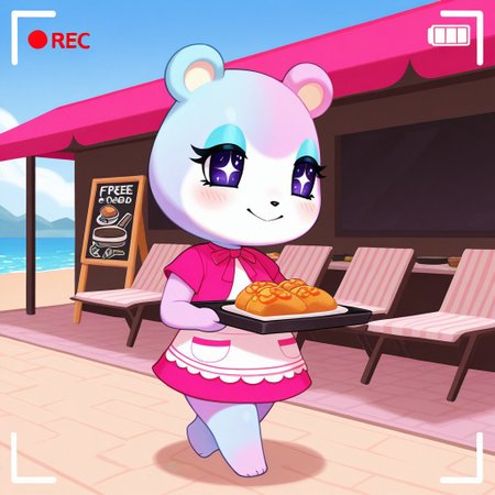 best quality, masterpiece, Full Body, Romantic, Small, Body, Furry, judyac, animal crossing, 1girl, solo, furry, bear, two-tone fur, light pink fur, light blue fur, white muzzle, purple eyes, star pupil, blush, blue eyeshadow, pink dress, beach, restaurants, serving food, carry tray, walking, outside lobby, board walk, beach chair, beach table, umbrella, recording, sign of buzz, sign said buzz sign writing say buzz, smile, holding a sign, sign said " free_buzz_food", writing buzz