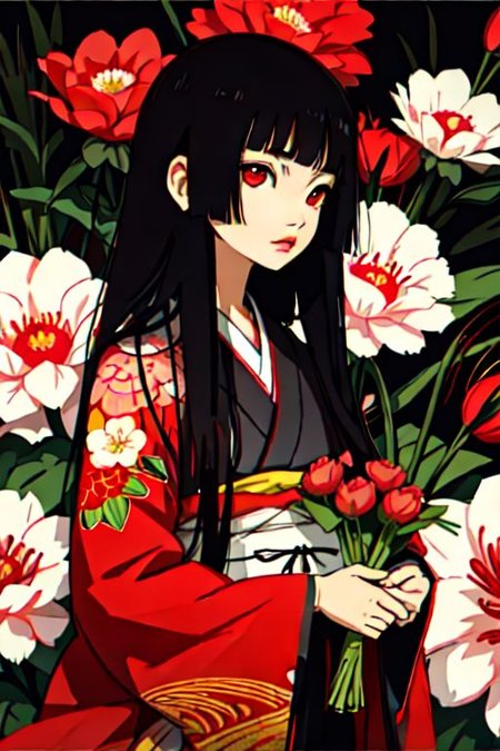 enma ai, hair down, hair black, bangs, eyes red, masterpiece, best quality, ultra-detailed, illustration, 1girl, solo, highres, photorealistic, ultra high res, (Original illustration composition), (fusion of limited color, Maximalism artstyle, kimono obi fashion, double exposure, background, illustration, Amazing, lily spider, night darkness, open one's mouth, flowers red, (polychromatic peony:1.15), Movie poster,