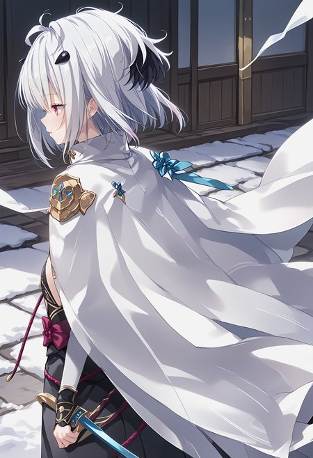 <lora:STageha_Pv2:1> skagha, 1girl, white hair, short hair, high quality, white cape,