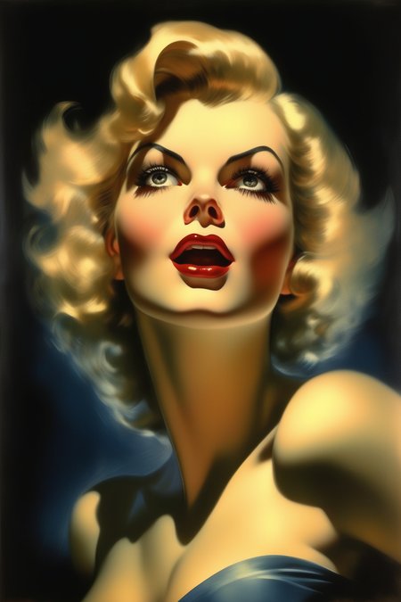 <lora:Rolf Armstrong Style:1>Rolf Armstrong Style - Mesmerizing Beautiful powergirl with eyes wide open, full lips in the dark lit up