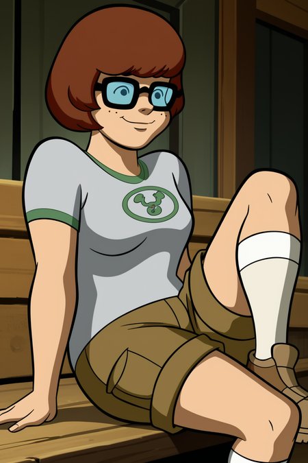 score_9, score_8_up, score_7_up, score_6_up, score_5_up, score_4_up, BREAK, <lora:Velma:1>, 1girl, Velma, brown hair, black eyes, no sclera, glasses, grey shirt, white kneehighs, shorts, brown shoes, sitting, one leg bent, smiling, closed mouth
