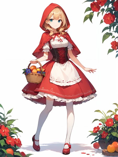 score_9, score_8_up, score_7_up,source_anime, high res image,masterpiece,best quality,girl,cute face,clear skin,shiny hair,ultra detailed eyes,simple background, <lora:Little Red Riding Hood_pony_V1.0:0.8> little red riding hood, red dress, basket, skirt, corset , frills,thighhighs,shoes,fruit,flower