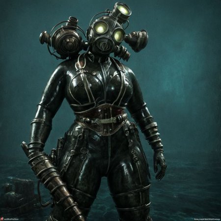 1female,(, lilto, bioshock scuba,bioshockstyle), big daddy bioshock, photorealistic, best quality , 8k, intricate, ultra detailed, nice background, (ziprealism)