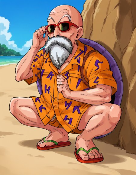score_9, score_8_up, score_7_up,
roshixl, solo, squatting, peeking,   simple background, 1boy, male focus,  sandals, sunglasses, beach,sky, red-framed eyewear, hawaiian shirt, shell,
<lora:roshi:1>