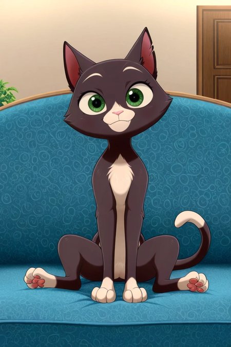 masterpiece, best quality, amazing quality, very aesthetic, high resolution, absurdres, newest, lonbluewolf BREAK m1ttens, solo, looking at viewer, happy, smile, cat, green eyes, sitting, on couch, indoors, living room