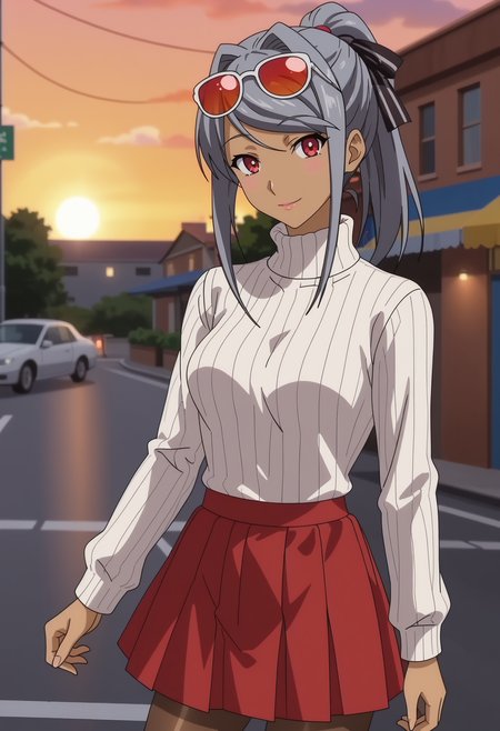 score_7_up, anime screencap,
<lora:HaremTime_YukieXL:0.9>,
1girl, solo, light smile, sunglasses, eyewear on head,
YukieHT, dark skin, ponytail, grey hair, red eyes, hair ribbon, black ribbon,
turtleneck sweater, ribbed sweater, white sweater, long sleeves, pleated skirt, red skirt, pantyhose,
standing, looking at viewer, thigh gap, cowboy shot,
blurry background, sunset, evening, street