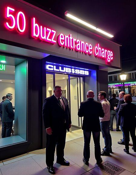 A thick, intimidating male bouncer standing outside a modern, upscale club at night. The bouncer is wearing a dark suit and has a stern expression on his face. A bright neon sign above the entrance clearly states "50 buzz entrance charge". The scene is illuminated by vibrant neon lights and streetlights, casting a colorful glow on the surroundings. People are waiting in line to get in, and the street is bustling with activity. The club entrance is sleek and modern, with a glass door and chrome accents.  <lora:UltraRealPhoto:1>