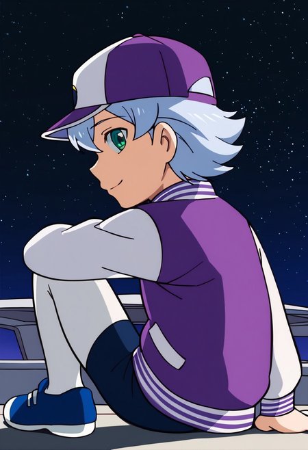 score_9,score_8_up,score_7_up,source_anime,1boy,solo,Luca,Blue hair,aqua eyes,purple jacket,letterman jacket,open jacket,blue shirt,baseball cap,
Blue shorts, smile,standing, star, night, sky, looking_at_viewer,space, sitting, Blue shoes,white pantyhose from side, close-up<lora:EMS-438113-EMS:1.000000>