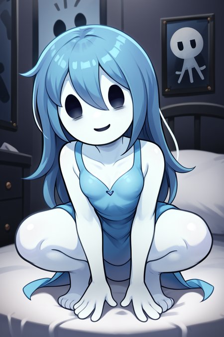 score_9, score_8_up, nsfw, score_7_up, <lora:Spooky:0.9>  spooky (sjm), ghost girl, solid oval eyes, smile, transparent, colored skin, long blue hair, small breasts, blue dress, solo, squatting, bedroom, bed, dim,,