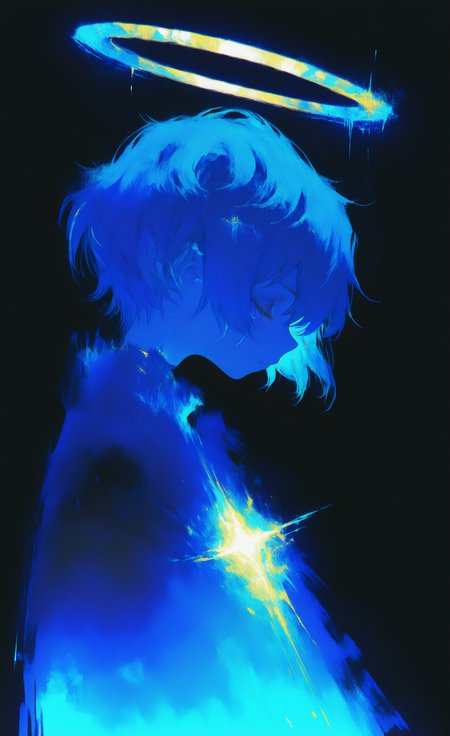 masterpiece,best quality,amazing quality, 1girl, solo, short hair, simple background, closed mouth, blue hair, upper body, closed eyes, halo, from side, profile, glowing, black background, blue theme, blue skin, colorful, 0__11Xx_illu <lora:ponyv6_noobE11_2_adamW-000017:0.3> <lora:USNR_STYLE_XL_lokr:0.45> <lora:tenebriflora-wai:0.5> <lora:shiej007:0.6> <lora:0__11Xx:0.85>