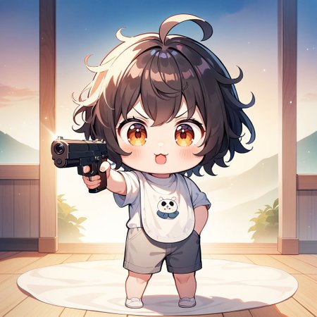 :3,chibi ,toddler child,ahoge,messy hair, 
(bib:1.1)(hooray:1.2)
masterpiece, best quality, great quality, 
very aesthetic,aesthetic,recent,game cg, ,watercolor \(medium\),
<lora:mukakinojisanXL1:0.8>
mukakinojisan,hand in pocket,holding gun, aiming,standing, aiming at viewer,looking afar
v-shaped eyebrows, :o