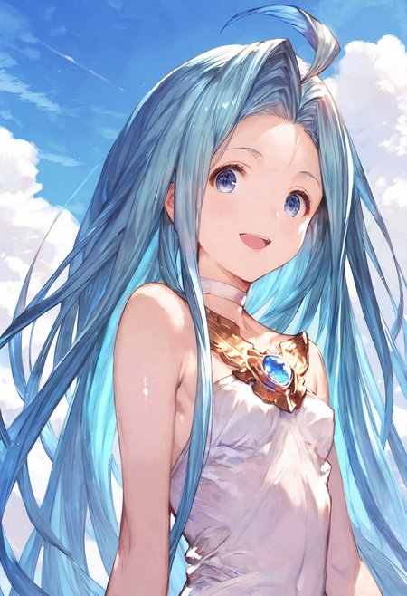 score_9, score_8_up, score_7_up,score_6_up, source_anime, best quality, aesthetic, absurdres, (artistic photograph, highly detailed:1.1), (kyoani, kyoto animation:1.1), 
scenery, (blue sky:1.2), shiny skin,
1girl, solo, smile, (clear eyes:1.2), looking at viewer, open mouth,
Lyria (Granblue Fantasy), long hair, blue hair, (skinny:1.2), small breasts, white choker, white cami-dress, bare shoulders, strapless, bridal gauntlets, miniskirt, 
(clear eyes:1.1), <lora:Lyria-Pony:0.8>  <lora:IshikePony:0.3>