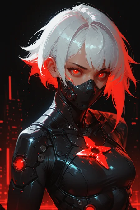 Cyber Ninja Variant:
[1girl, solo, looking at viewer, small breasts, short white hair, spiky, glowing red eyes, cyberpunk, black bodysuit with glowing red ninja symbols, upper body, black background, hand holding a glowing shuriken, neon-lit rooftop visible below]
partially_colored, <lora:Detailer_NoobAI_Incrs_v1:0.75>, masterwork, masterpiece, best quality, , dynamic pose,,  dynamic angle, , ,  (lineless:1.2), detailed, depth of field, dynamic lighting, blurry, (cheekbones:0.85), (realistic:1.2)
adult, aged up,, ultra-HD, cinematic lighting, photorealistic, (impressionism:1.5), high detail  ,masterpiece, best quality, very aesthetic, 8k,