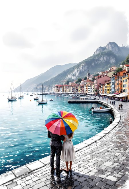 1nk3d_0u7, a couple standing under a single large, colourful umbrella on a rain-soaked cobbled promenade in the charming old Adriatic town and watching Adriatic Sea in the mix of turquoise and deep blues and greens, with several small sailboats gently bobbing in the harbor. The sky is mix of white, gray and dark blue. The rain reflects vividly on the wet cobblestones, creating a mirror-like surface