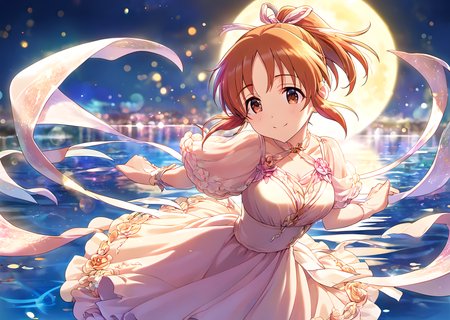 <lora:AbeNana_pony_v1:0.8>,abnn,small petite,short hair,brown hair,orange hair,ponytail,hair_ribbon,bangs,brown eyes,large breasts,score_9,score_8_up,score_7_up,source_anime,(dance on the water:1.2),(dance and dance:1.2),light pimk dress,full_moon,moonlight,strong rim light,bokeh,light reflection on the surface,many ripples,silhouette,smile,:d,full_shot,