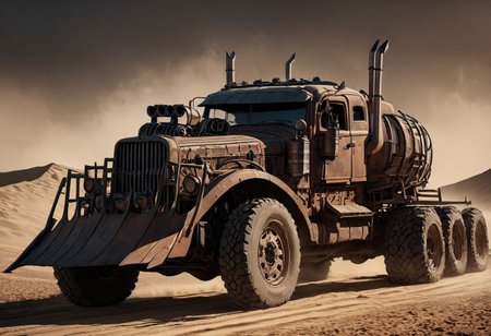 (8k, RAW photo, highly detailed, masterpiece, highest quality, hyper realistic, intricately detailed, vivid and vibrant colors), war rig, rat rod truck, exhaust pipes, cowcatcher plough, skulls, wheels, motor vehicle, ground vehicle, vehicle focus, driving in desert, daytime, sunlight, 2.5d, high contrast, highly detailed, high contrast, Cinematic Shot, Cinematic Lighting, (sharp focus, sharp image, high poly, complex lighting), In a dystopian world, Mad Max Fury Road style
