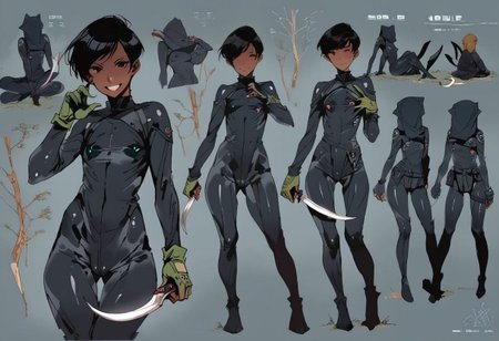 score_9, score_8_up, score_7_up, score_6_up, score_5_up, score_4_up,  1girl,  black eyes, green tree, ((midnight)), tilted angle, loop lighting, (((forest))), solo, ((((holding sickle)))), Concept Art,  flat breasts, flat ass, skinny leg, skinny body, slim girl, (18 years old)), ((pettie)), narrow waist, flat chest, , (((short))), flat breasts, flat ass, narrow waist, ((flat chest)), (((short))), ((flat chest)), (((anorexic))), ((((dark skin woman))))), (((tight green glove))), ((((bodysuit)))), black hair, (((pixie cut))),  (((smile mouth))), ((green glove)), , ((nipple)), ((((((dynamic pose)))))))   , ((((((dynamic hand))))))) , ((((((dynamic leg))))))) ,(((((((black bodysuit)))))), ((((lesbian))))), ((((crouched on a very high tree)))), ((((((((character sheet)))))))), (black face), faceless
