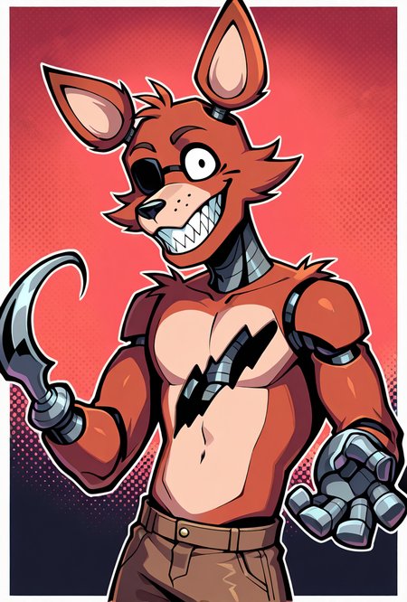 <lora:foxy-09:1> foxy, animal ears, 1boy, solo, sharp teeth, eyepatch, pirate hook,  joints, animatronic, brown ripped shorts, smile, cartoon, vibrant red background, pose, showing off pirates hook hand,, masterpiece, best quality, amazing quality, very aesthetic, absurdres, newest,, upper body, halftone effect, white borders, abstract background:1.2,