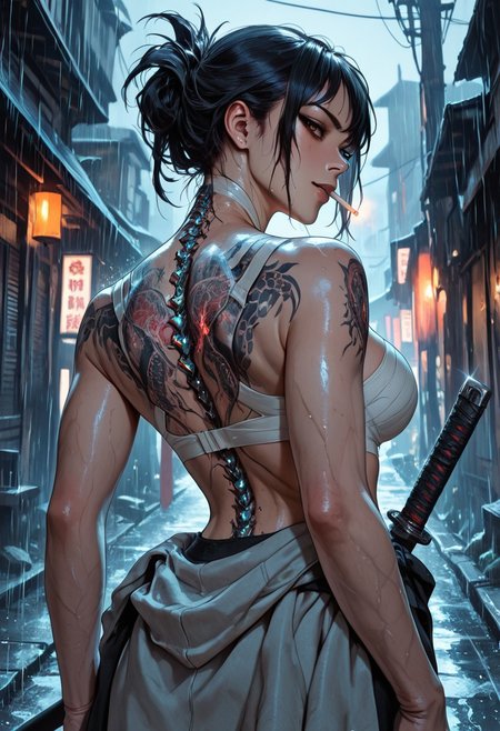 highres, very detailed, amazing quality, masterpiece,
very aesthetic,
particle effect, Cinematic, 
1girl, solo, toned, toned body, Black hair, hair up, beautiful, exposed shoulders, exposed back, bionic spine, smoking, cigarette, strong face, angled face, brown eyes, female yakuza, cybernetic katana, strapless bandage bra, large breasts, looking at viewer, intense glint in eye, beautiful eyes, smirk, 
Back tattoo, Dragon back tattoo, 
Sweater around waist, 
Raining, ancient Japanese street, 
Close up, cowboy shot, 
From behind, View from behind,