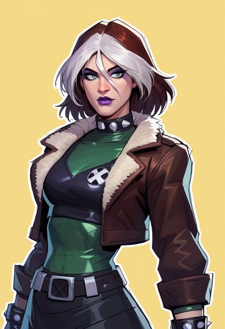 score_9, score_8_up, score_7_up, score_6_up, {Rogue, marvel}, 1girl, pale skin, lilac lips, lilac makeup, short brown hair with white bangs, EVOrogue, black sports bra, studded collar, green mesh top (covered chest), green transparent blouse, long sleeves, gray eyes, black leather skirt, gray tights, big black boots, studded bracelets, leather gloves, brown bomber jacket, fur trim, hood,
casual clothes, goth outfit, 
detailed face, pretty face, outline, cel-shading, sketch,