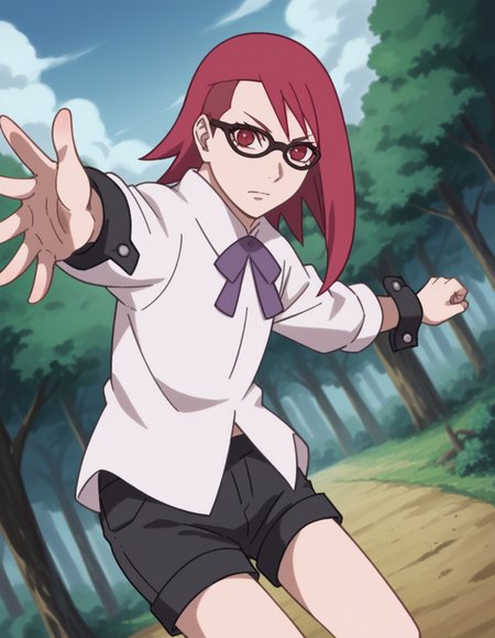 score_9, score_8_up, score_7_up, source_anime, <lora:karin-uzumaki-boruto-anime-ponyxl-lora-nochekaiser_r1:1>, karin uzumaki, red eyes, red hair, glasses,, shirt, shorts, wrist cuffs, black shorts, long sleeves,, bike ride, countryside, dirt road, trees, afternoon sun, peaceful, alone, , looking at viewer, hand reaching out, solo,, cowboy shot, dutch angle