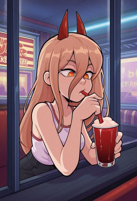 p4n1c3dstyle,   masterpiece, best quality, solo,                                                                                                                                      power \(chainsaw man\),  red horns, drinking blood smoothie, straw, street, seated in diner, warm colors, window,  