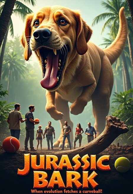 The poster features a massive, roaring T-Rex—but with a twist: it has the adorable face of a golden retriever, complete with floppy ears and a big, drooling tongue. The T-Rex's body is as fearsome as ever, covered in scales and towering over the jungle landscape, but its expression is pure, goofy dog joy. 
In the background, a group of terrified scientists and adventurers stand frozen, holding squeaky toys, tennis balls, and dog treats, trying to figure out how to handle this prehistoric pup. The jungle is filled with giant bones, but also oversized dog toys scattered everywhere. The tagline reads, "When evolution fetches a curveball!" The title, "Jurassic Bark," is in bold, cracked letters, looking like it’s been chewed on.