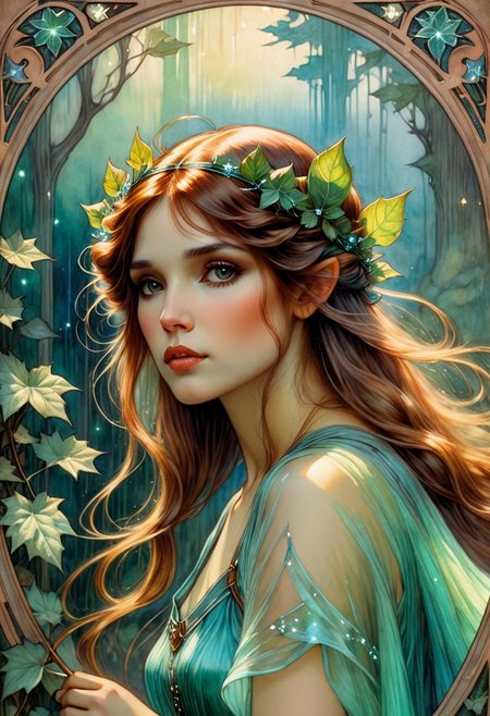 detailed gorgeous face, bioluminescent dryad, cottagecore aesthetic, artstation, extremely sharp detail, finely tuned detail, ultra high definition, ultra sharp focus, illustration, line art, watercolor, brian froud and alphonse mucha and john william waterhouse style, John William Waterhouse Style page
