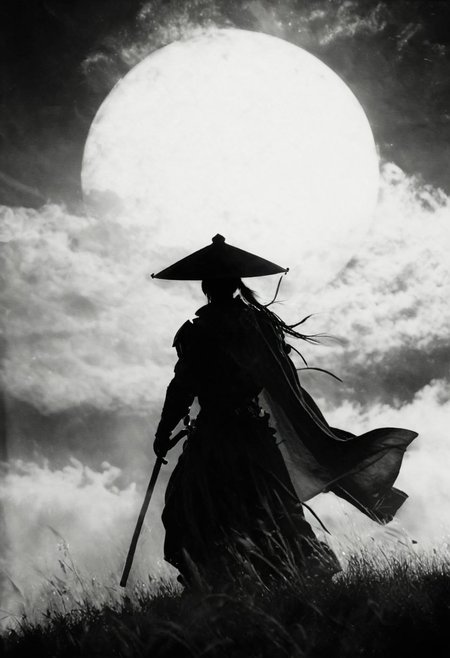 Capture the essence of transcendence and power in the stillness of a cyborg samurai meditating atop the wing of a colossal airborne carrier, piercing through the fluffy dense clouds. dark moonlit sky, Cloaked in sun-bleached linen, adorned with a towering translucente sss sedge hat veiling his face, his metallic intricacies faintly aglow in translucent orange, amidst a world of ethereal heights and serenity. Long Cape in Wind, 
., atmospheric haze, Film grain, cinematic film still, shallow depth of field, highly detailed, high budget, cinemascope, moody, epic, OverallDetail, 2000s vintage RAW photo, photorealistic, candid camera, color graded cinematic, eye catchlights, atmospheric lighting, imperfections, natural, shallow dof