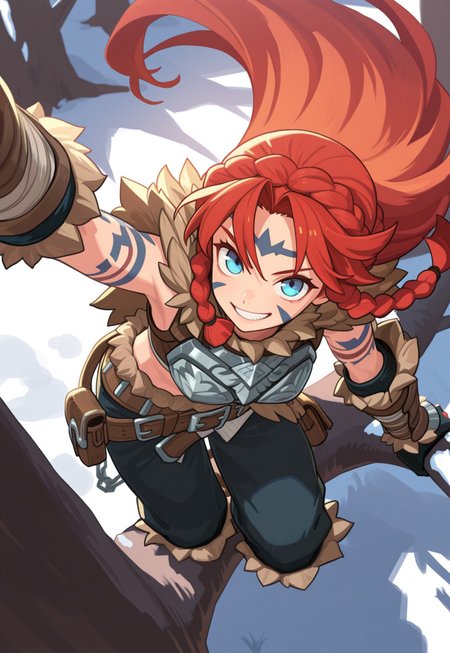 masterpiece, best quality, amazing quality, very aesthetic, absurdres, newest, 8k, detailed background, k3monogo, afkJourneyStyle,
BREAK, 
1girl, solo, barbarian , athletic, red hair, blue tattoos, tribal tattoos, midriff, fur armor, fur belt, multiple belts, grin, looking up at viewer, (climbing tree:1.3), on branch, high up, from above, extremely high angle, very long hair, braids, crown braid, heavy armor, metal armor, engraved armor, bright blue eyes,  
BREAK, outdoors, winter, snow, fantasy background, dark fantasy, dark dramatic palette, dim lit, contrast lit, shade, dappled moonlight, detailed background, dramatic lighting, depth of field, volumetric lighting