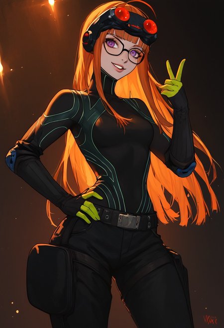 masterpiece, score_9, score_8_up, score_7_up, EasyNegative_v2, (best quality:1.1), ultra-detailed, high resolution, super detailed skin, nsfw, Highly Visible, 8k, sharp focus, beautiful, perfect lighting, smooth edges, 1girl, solo, cute girl, sexy, curvy, thick body, thick thighs, wide hips, narrow waist, beautiful, futabadef, orange hair, long hair, blunt bangs, glasses, futabaoracle, orange hair, long hair, blunt bangs, ahoge, purple eyes, goggles on head, black bodysuit, green gloves, black pants, belt, knee pads, thick thighs, thick legs,  standing, one hand on own hip, half closed eyes, evil smirk, crazy eyes, crazy, looking at viewer, yandere expression, virtual background, virtual reality, black space background,