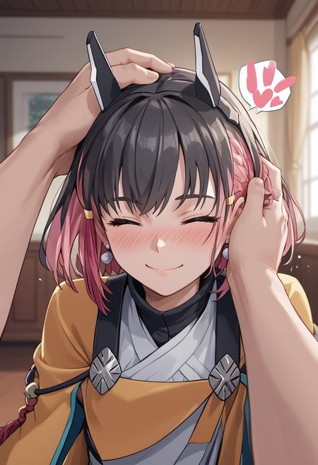 score_4,score_5,score_6,score_7_up,score_8_up,score_9 ((masterpiece,best quality,ultra detailed,highres,HD,4k:1.2)), 
1girl, 1boy,hetero,solo focus,girl focus,face focus,
multicolored hair,short hair,black hair,pink hair,blue eyes,tattoo,sidelocks,black head gear,black head ornaments,earrings,small breast,
v arms,
pov,from front,front view,front angle,
((headpat, pov hands,Patting the girl's head with one hand)),
((closed eyes)),full face blush,Happy, delighted, shy,smile,spoken heart,
((motion line:1.2))