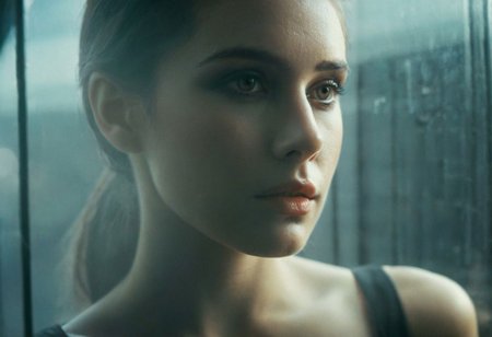 Blade Runner Style, super Face Closeup Portrait, Compose a vivid description for an image featuring Rachael from Blade Runner standing in a spacious room within a dystopian megacity skyscraper. The setting includes a large window revealing the somber, neon-lit dystopian cityscape at night, reminiscent of Ridley Scott's Blade Runner. Rachael is elegantly dressed in a form-fitting, transparent, floor-length gown, creating a striking silhouette that sharply contrasts with the dystopian cityscape visible through the window.
a neon sunset landscape, photorealistic,