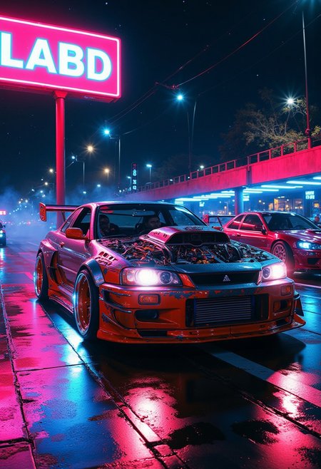 DB4RZ style painting,((nissan skyline T23 :1.3), Germany, 3/4 front view of ((futuristic cyberpunk hotrod zeekars)) (with glowing tires), in parking lot), big neon sign, racing, multiple cars, beautiful scenery flowing at high speeds, cars with sweaty hands and feeling of speed (with glowing tires), midnight, dynamic angle, racing, motion, multiple cars (beautiful scenery flowing at high speeds, cars with sweaty hands and feeling of speed:1.4), detailed textures, high quality, high resolution, high precision, illustration, color correction, proper lighting setup, harmonious composition, work from Behance, <lora:Dieselcore:0.7> d1eselc0re <lora:Glitchcore_Flux:0.4> gl1tchc0re