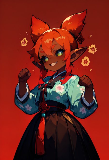 1girl, (monster girl), (tiny girl, shortstack:1.2), goblin ears, white pupils, small pupils, black sclera,  (colored skin, brown skin),  crimson hair, long hair, pointy hair,     tiny breasts,    
BREAK   1girl, Paw Pose,    (biting own lip:0.7),   
BREAK               hanbok, korean clothes, clothed_underbust, floral print, (crimson background),     
BREAK safe, masterpiece, best quality, very aesthetic, absurdres, highres, newest, <lora:ponyv5_noobV065S_1_adamW:0.7>, <lora:lora:0.4>, <lora:Unstable_v1.0_f:1>