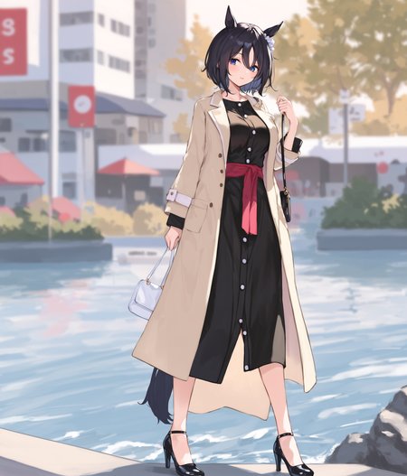 score_9, score_8_up, score_7_up, source_anime, 2D, anime BREAK
casual_clothes, 1girl, solo, breasts, looking at viewer, blush, short hair, bangs, blue eyes, large breasts, black hair, long sleeves, black dress, holding, animal ears, hair between eyes, jacket, tail, outdoors, open clothes, alternate costume, water, bag, blurry, coat, horse ears, horse girl, casual, horse tail, brown jacket, handbag, holding bag, brown coat, white scrunchie, long dress, bare legs, (strappy heels), standing, 
<lora:eishin_flash-ponyXL:1>,