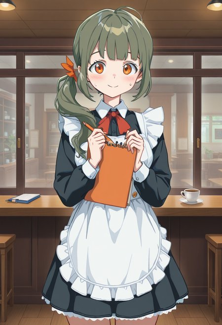1girl, solo, lrheroine, green hair, side ponytail, long hair, blunt bangs, hair ribbon, orange eyes, indoors, cafe, maid outfit, smile, standing, polite pose, holding, pencil, notepad, smile, sweatdrop, blush, cowboy shot, straight-on, looking at viewer,