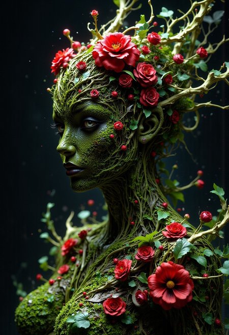 A hyper-realistic Close up shot of a figure completely made of grass and red flowers in female form, full body zoomed in, ultra sharp focus photo, 3d render, architecture, dark fantasy, vibrant  (photography, high-resolution, dynamic, energetic,hyper-realistic, dramatic lighting, shallow depth of field.)