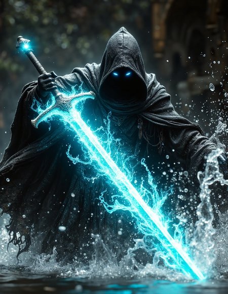 highly detailed magical cinematic scene, Dark, tattered and torn hooded figure with long cape wielding glowing colossal and long blue sword amidst cascading water.  two glowing magical eyes visible through his hood. Powerful, dynamic pose engaging in a dramatic action scene.  Figure shrouded in deep, nearly black, tattered cloak, exuding a mysterious and intense mood.  The sword, vibrant turquoise, bursts with ethereal energy, radiating light through the water.  Water splashes and sprays dramatically around the figure, creating a forceful and evocative mist-filled background.  Mid-action portrayal; colossal sword held in motion with implied movement.  Dramatic lighting highlights the figure and sword, emphasizing their presence and power.  Water's texture suggests forceful motion, contrasted with smooth dark surface of figure's clothing.  Epic fantasy style, evocative of cinematic action sequences.   Atmospheric and heroic feeling enhanced by the dark and dramatic lighting and water features; a strong sense of adventure and danger pervades the image, shallow depth of field, vignette, highly detailed, bokeh, moody, epic, gorgeous, film grain, grainy, HKMagic, <lora:Dever_Flux_Enhancer:0.3>, <lora:FantasyWizardWitchesFluxV2-000001:0.7>, <lora:aura_v2_beta2:0.3>, <lora:Elden_Ring_-_Yoshitaka_Amano:0.4>