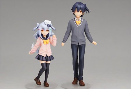 tamakiDefault, 1boy, dghd, dog hair ornament,  blue hair, grey hair, two side up, orange eyes, hair between eyes, dog tail, otoko no ko, multiple hair bows,  black bow, yellow bowtie, black skirt, black thighhighs, brown footwear, pink cardigan,