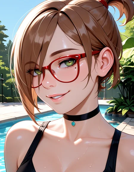 masterpiece, best quality, very aesthetic, absurdres,
outdoors, 
upper body, posing, 
seductive smile, parted lips, long eyelashes,
 <lora:Darcy_Redd_v01_NAIXL:1>
D4rcy_r3dd,1girl,solo,short hair,brown hair,ponytail,hair over one eye,red-framed eyewear,green eyes,mole under eye,choker,