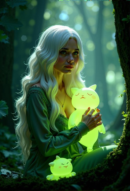 She  holds one of the cute glowing spirits close to her chest, as if embracing it, her expression one of deep connection and tenderness.

Photorealistic depiction of a mystical forest scene where a cute and curvy adult woman with long white hair is seated, surrounded by glowing, translucent green spirits, their ethereal light casting a soft glow on her serene face.

Soft, diffused light filtering through the dense forest canopy, creating a gentle, mystical atmosphere that enhances the glow of the spirits.

cinematic lighting, extremely intricate detail character, accurate depiction of character, correct body anatomy, correct hands and fingers, extremely intricate skin and facial skin texture detail, lifelike potrayal, extremely realistic lighting, extreme dynamic pose.














