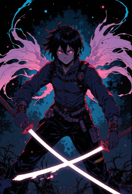 A warrior with angelic, prismatic wings hovers in a maelstrom of luminous rainbow shards, each one razor-sharp and whirling in chaotic patterns. Their dual blades burn with intense white-hot plasma, contrasting against their shadowy silhouette. The black void behind them is pierced by swirling vortexes of green, blue, and fuchsia energy that ripple like liquid light. The characterâs face is a mask of calm, their glowing lavender eyes exuding both serenity and menace as they prepare to strike with divine precision.  horizon-centered, POV shot, spotlit, high angle shot, medium wide shot