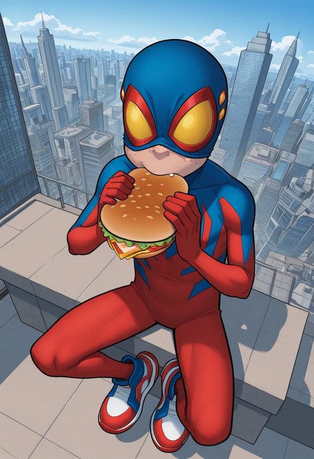 1boy, male focus, cute boy, BaileyBriggs, Mask, Yellow Eyes, Spiderboy Costume, Two-tone Bodysuit, Red Bodysuit, Blue Bodysuit, Red Blue Sneakers, cinematic, intricately detailed illustration, depth of field, masterpiece, best quality, amazing quality, very aesthetic, absurdres, newest, very awa, shadow, dynamic angle, casual cosplay, sitting on rooftop, skyscraper,  city skyline, eating a sandwich, maskLiftConcept, Mask above nose, freckles