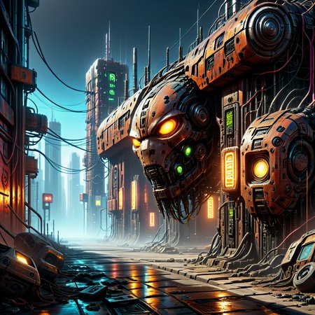 4k, everything is neon lights with rusted metal, extremely detailed wide view of amazing scene, ((masterful cyberpunk art)) of scrap metal androids fused with blue glowing neon, ((neo-noir aesthetic)), ((cyber-enhanced)), ((high-tech dystopian)), ((neon-punk style)), ((cybernetic augmentations)), ((urban tech)), in ((neon-lit highly detailed cyber)), ((cyberpunk atmosphere)), ((urban dystopia)), ((high-tech slums)), ((corporate megastructures)), ((cyber-noir environment)), ((rendered in cyber noir style)), ((with neon-noir aesthetics)), ((neon-noir color scheme)), ((cyberpunk mood)), ((urban tech)), ((neon lighting)), ((chrome reflections)), ((digital distortion)), ((masterful execution)), ((cyber-noir atmosphere)), 8k resolution, ultra detailed, ray tracing, volumetric lighting, with ((intense neon glow)), ((dynamic matrix code)), ((cyberpunk atmosphere)), ((neon accents)), ((digital distortion)), ((tech noir effects)), ((urban decay)), ((cyber-noir mastery)), (HD, masterpiece, best quality, hyper detailed, ultra detailed, super realistic),amazing, evi@decrepPunk, DonM0ccul7Ru57XL, Rusted, rusted landscape, add-detail-xl<lora:sdxl\rust\concept_worldmorph_decrepPunk_SDXL_v1-evi@decrepPunk.safetensors:1.0:1.0> <lora:sdxl\rust\DonM0ccul7Ru57XL-000006.safetensors:1.0:1.0> <lora:sdxl\rust\Rusted_landscape_SDXL.safetensors:1.0:1.0> <lora:sdxl\enhancment\add-detail-xl.safetensors:1.0:1.0>
