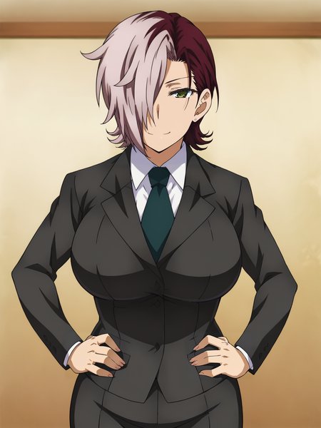 <lora:Kazane_Kagari-Witch_Craft_Works:1>,Kazane,1girl,solo,hair over one eye,multicolored hair,short hair,green eyes,large breasts,formal,suit,hands on own hips,looking at viewer,smile,indoors