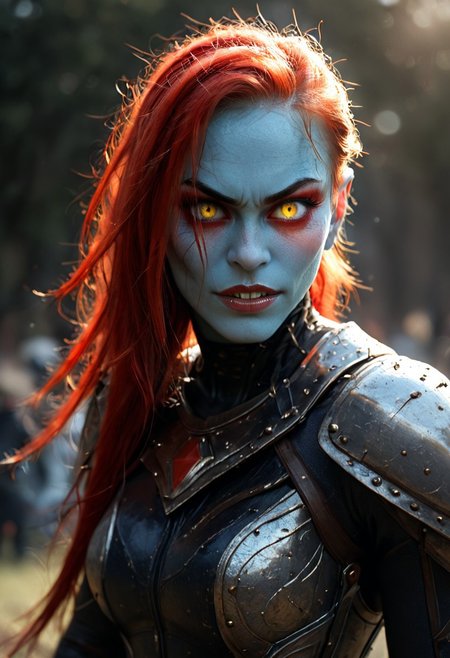 undyne the undying, undertale,1girl, monster girl, blue skin, sharp teeth, yellow eyes, glowing eye, eyeshadow, red hair, long hair, ponytail, armor, armor, spear, energy weapon, head fins, black sclera,
angry, warrior stance,
,(cowboy shot: 1.6)
,flat colors, thick lines, anime style, simplistic artstyle, A professional, high-quality, hyper-realistic portrait of a woman. The image features ultra-detailed eyes, realistic skin texture, intricate facial features, and cinematic lighting. Shot in low light with a Nikon Z7 II and a NIKKOR Z 50mm f/1.8 lens, showcasing shallow depth of field (bokeh) and RAW photography quality. Masterpiece-level, sharp and photorealistic, fine art photography style.
artist: incase,
,masterpiece, best quality, very awa, newest,yameroyandere