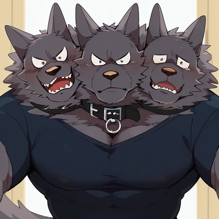 score_9, score_8, portrait of cerberus man, dog, furry, bara, (3heads), grey fur,  <lora:Cerberus_Hyaku:.8> collar